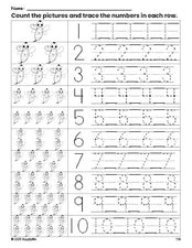 Free printable bee counting worksheet for preschool and pre-k with number tracing practice 1-10, PDF