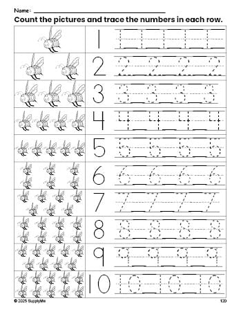 Free printable bee counting worksheet for preschool and pre-k with number tracing practice 1-10, PDF