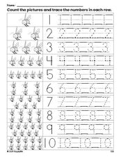 Free printable bee counting worksheet for preschool and pre-k with number tracing practice 1-10, PDF