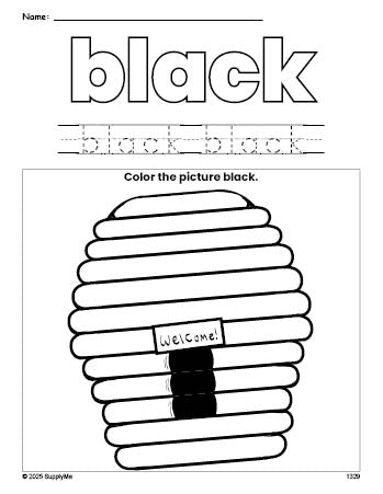 Free beehive color black coloring page and color worksheet, black worksheet for preschoolers to learn colors, printable PDF