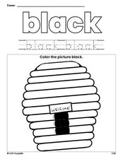 Free beehive color black coloring page and color worksheet, black worksheet for preschoolers to learn colors, printable PDF