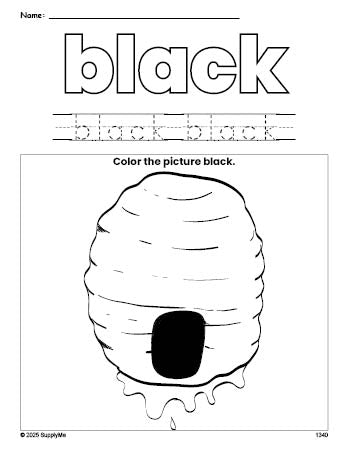 Free beehive color black coloring page and color worksheet, black worksheet for preschoolers to learn colors, printable PDF