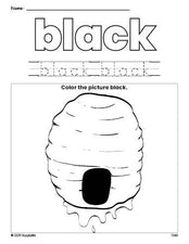 Free beehive color black coloring page and color worksheet, black worksheet for preschoolers to learn colors, printable PDF