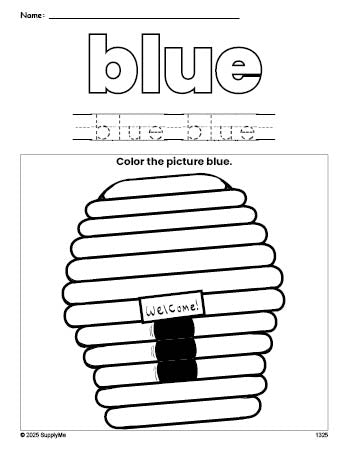 Free beehive color blue coloring page and color worksheet, blue worksheet for preschoolers to learn colors, printable PDF