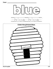 Free beehive color blue coloring page and color worksheet, blue worksheet for preschoolers to learn colors, printable PDF