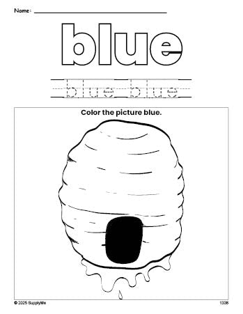 Free beehive color blue coloring page and color worksheet, blue worksheet for preschoolers to learn colors, printable PDF