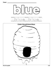 Free beehive color blue coloring page and color worksheet, blue worksheet for preschoolers to learn colors, printable PDF