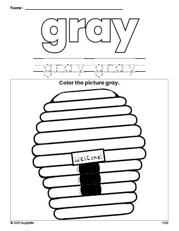 Free beehive color gray coloring page and color worksheet, gray worksheet for preschoolers to learn colors, printable PDF