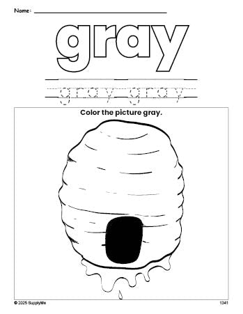 Free beehive color gray coloring page and color worksheet, gray worksheet for preschoolers to learn colors, printable PDF