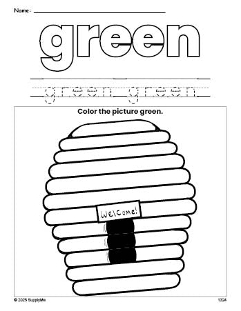 Free beehive color green coloring page and color worksheet, green worksheet for preschoolers to learn colors, printable PDF