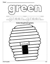 Free beehive color green coloring page and color worksheet, green worksheet for preschoolers to learn colors, printable PDF