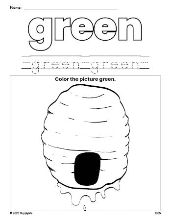 Free beehive color green coloring page and color worksheet, green worksheet for preschoolers to learn colors, printable PDF