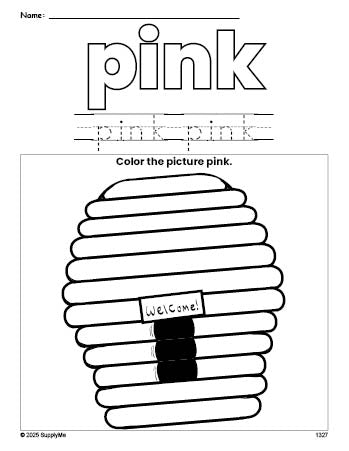 Free beehive color pink coloring page and color worksheet, pink worksheet for preschoolers to learn colors, printable PDF