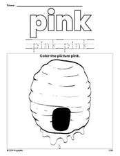 Free beehive color pink coloring page and color worksheet, pink worksheet for preschoolers to learn colors, printable PDF