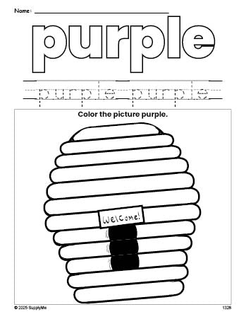 Free beehive color purple coloring page and color worksheet, purple worksheet for preschoolers to learn colors, printable PDF