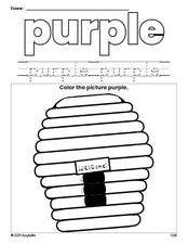 Free beehive color purple coloring page and color worksheet, purple worksheet for preschoolers to learn colors, printable PDF