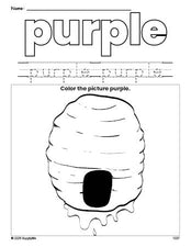 Free beehive color purple coloring page and color worksheet, purple worksheet for preschoolers to learn colors, printable PDF