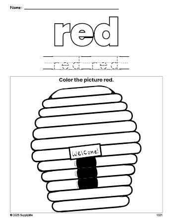 Free beehive color red coloring page and color worksheet, red worksheet for preschoolers to learn colors, printable PDF