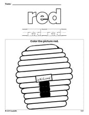 Free beehive color red coloring page and color worksheet, red worksheet for preschoolers to learn colors, printable PDF