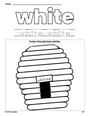 Free beehive color white coloring page and color worksheet, white worksheet for preschoolers to learn colors, printable PDF