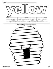 Free beehive color yellow coloring page and color worksheet, yellow worksheet for preschoolers to learn colors, printable PDF