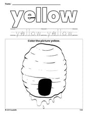 Free beehive color yellow coloring page and color worksheet, yellow worksheet for preschoolers to learn colors, printable PDF