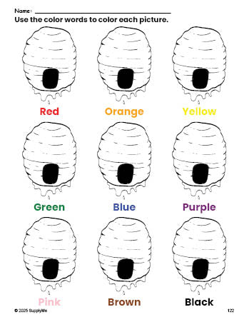 Free beehive coloring page and color worksheet for preschoolers to learn colors, printable PDF