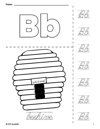 Free printable beehive coloring page and cursive letter tracing worksheet, letter b worksheet for preschool, pre-k, and kindergarten, PDF