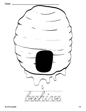 Free printable beehive coloring page and cursive word tracing worksheet, perfect for preschool, pre-k, and kindergarten, PDF