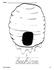 Free printable beehive coloring page and cursive word tracing worksheet, perfect for preschool, pre-k, and kindergarten, PDF