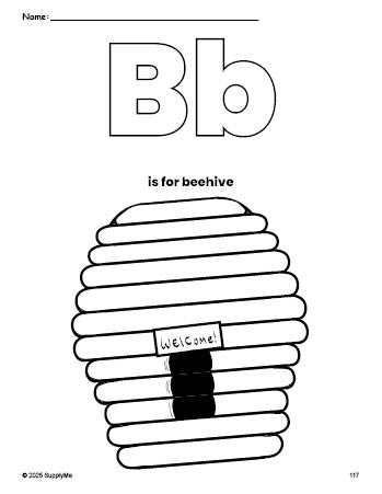 Free printable beehive coloring page, letter b coloring page for preschool, pre-k, and kindergarten, PDF