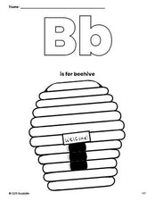 Free printable beehive coloring page, letter b coloring page for preschool, pre-k, and kindergarten, PDF