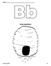 Free printable beehive coloring page, letter b coloring page for preschool, pre-k, and kindergarten, PDF