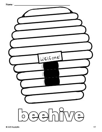 Free printable beehive coloring page for preschool, pre-k, and kindergarten, PDF