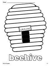 Free printable beehive coloring page for preschool, pre-k, and kindergarten, PDF