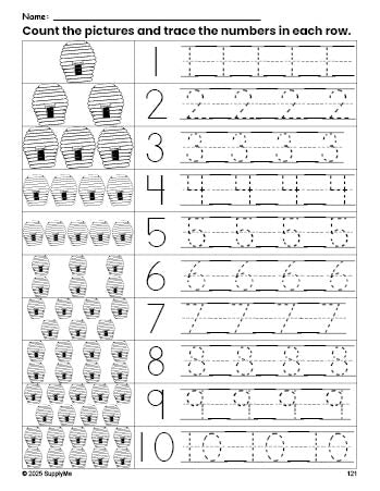 Free printable beehive counting worksheet for preschool and pre-k with number tracing practice 1-10, PDF