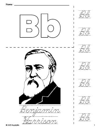 Free printable Benjamin Harrison Presidents' Day coloring page and cursive letter tracing worksheet, letter b worksheet for preschool, pre-k, and kindergarten, PDF