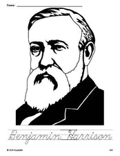 Free printable Benjamin Harrison Presidents' Day coloring page and cursive word tracing worksheet, perfect for preschool, pre-k, and kindergarten, PDF