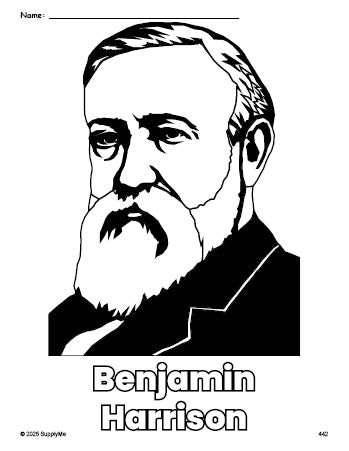 Free printable Benjamin Harrison Presidents' Day coloring page for preschool, pre-k, and kindergarten, PDF