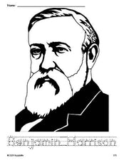 Free printable Benjamin Harrison Presidents' Day coloring page and word tracing worksheet, letter formation guides, perfect for preschool, pre-k, and kindergarten, PDF