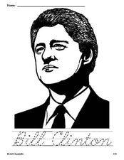 Free printable Bill Clinton Presidents' Day coloring page and cursive word tracing worksheet, perfect for preschool, pre-k, and kindergarten, PDF