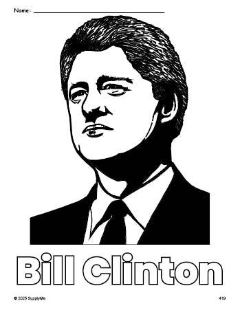 Free printable Bill Clinton Presidents' Day coloring page for preschool, pre-k, and kindergarten, PDF