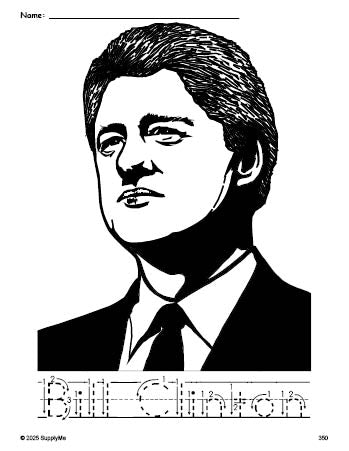 Free printable Bill Clinton Presidents' Day coloring page and word tracing worksheet, letter formation guides, perfect for preschool, pre-k, and kindergarten, PDF