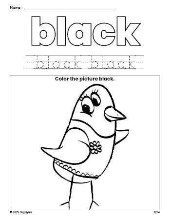 Free bird color black coloring page and color worksheet, black worksheet for preschoolers to learn colors, printable PDF