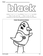 Free bird color black coloring page and color worksheet, black worksheet for preschoolers to learn colors, printable PDF