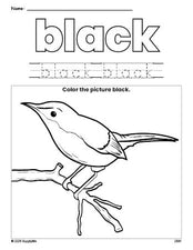 Free bird color black coloring page and color worksheet, black worksheet for preschoolers to learn colors, printable PDF