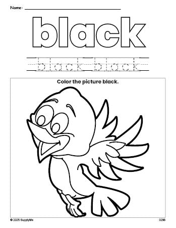 Free bird color black coloring page and color worksheet, black worksheet for preschoolers to learn colors, printable PDF