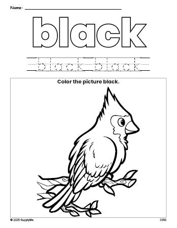 Free bird color black coloring page and color worksheet, black worksheet for preschoolers to learn colors, printable PDF