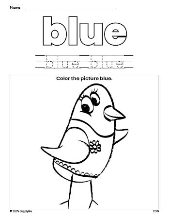 Free bird color blue coloring page and color worksheet, blue worksheet for preschoolers to learn colors, printable PDF