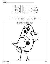 Free bird color blue coloring page and color worksheet, blue worksheet for preschoolers to learn colors, printable PDF